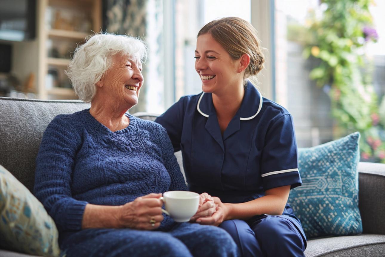Caregiver spending time with an older woman at home