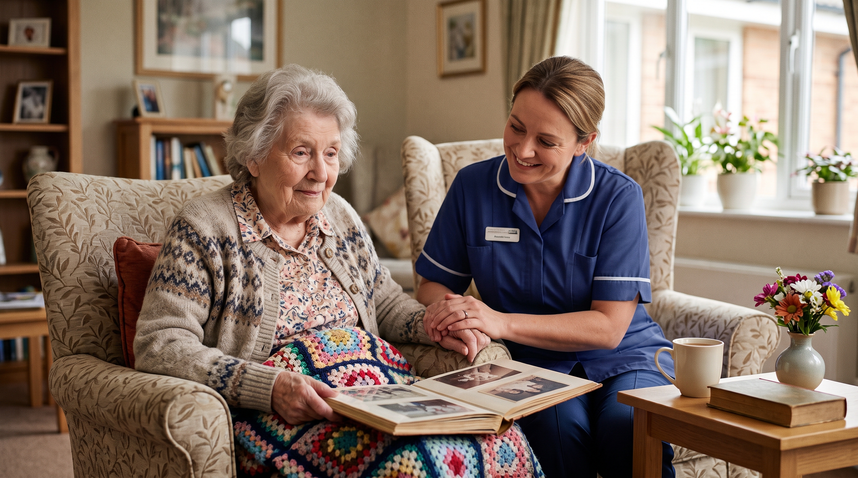 Care worker supporting an older person living with dementia