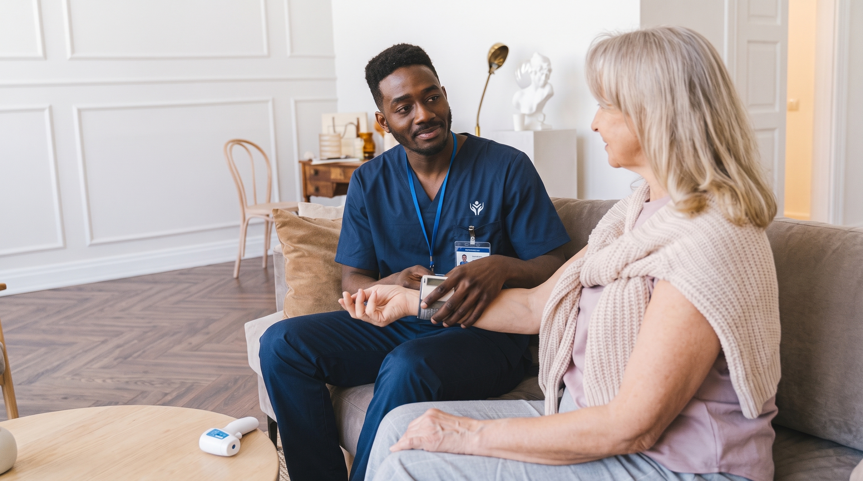 Care worker speaking with an older person at home