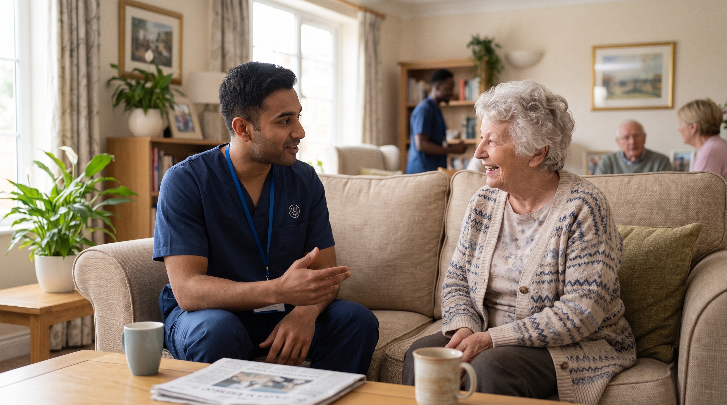 Care worker sharing a warm conversation with an older person