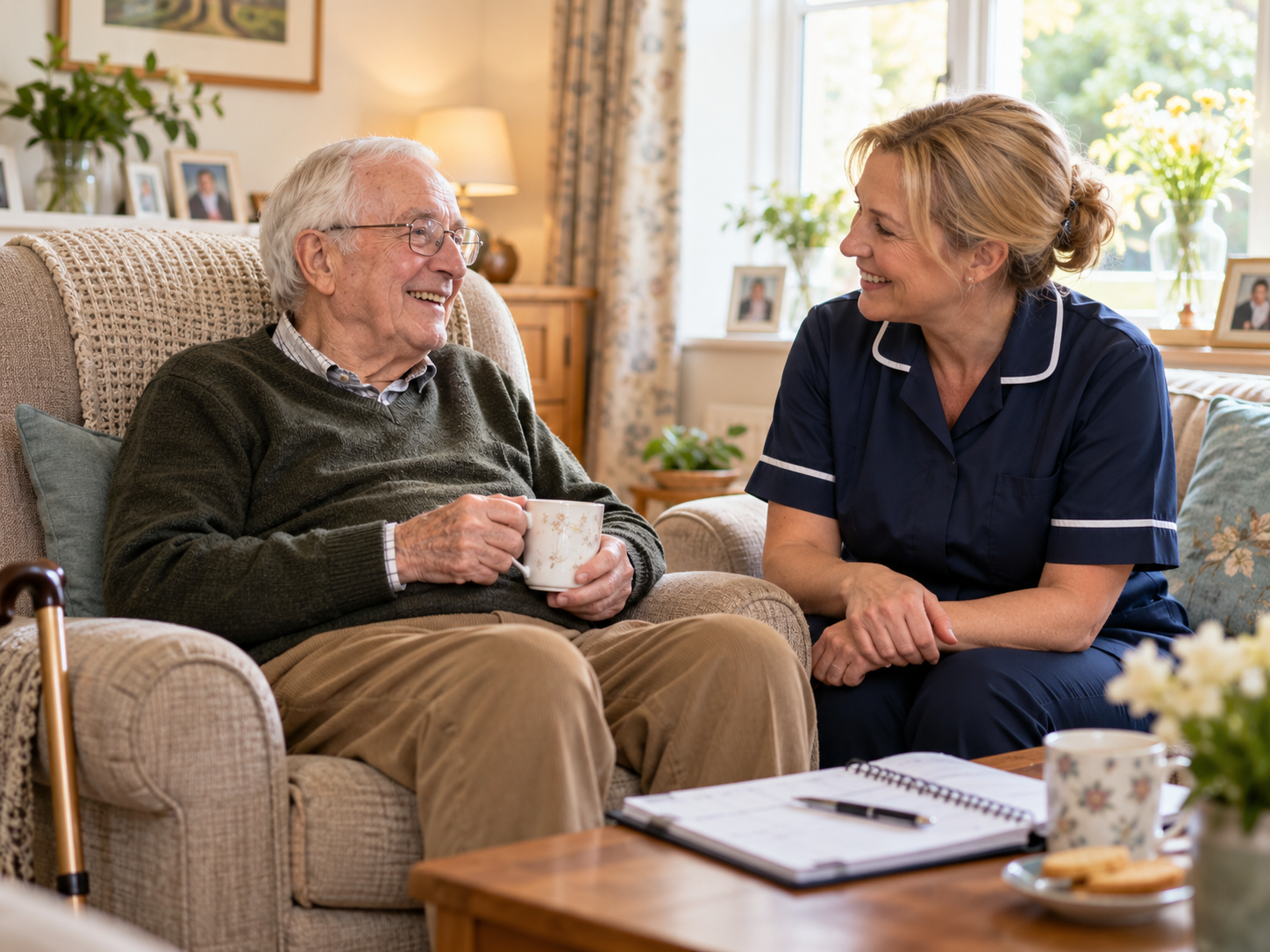 Carer and older person spending time together in a garden