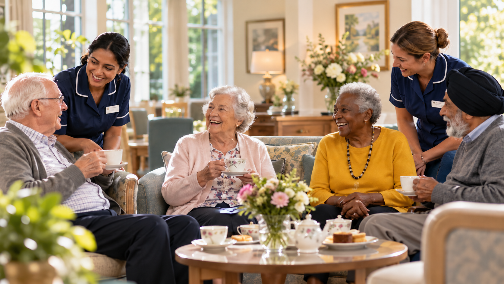 Residents and carers sharing tea together in a care home