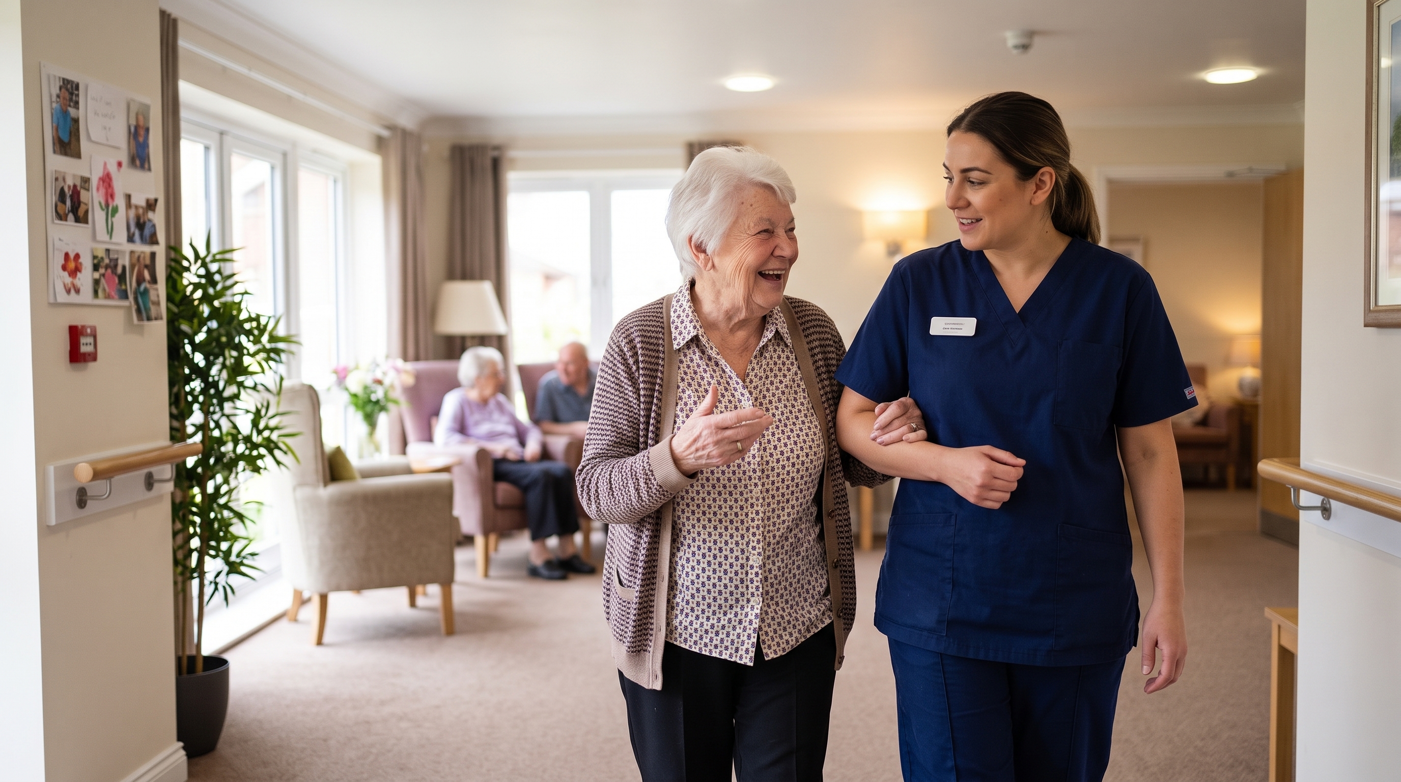Caregiver and older woman sharing a relaxed moment